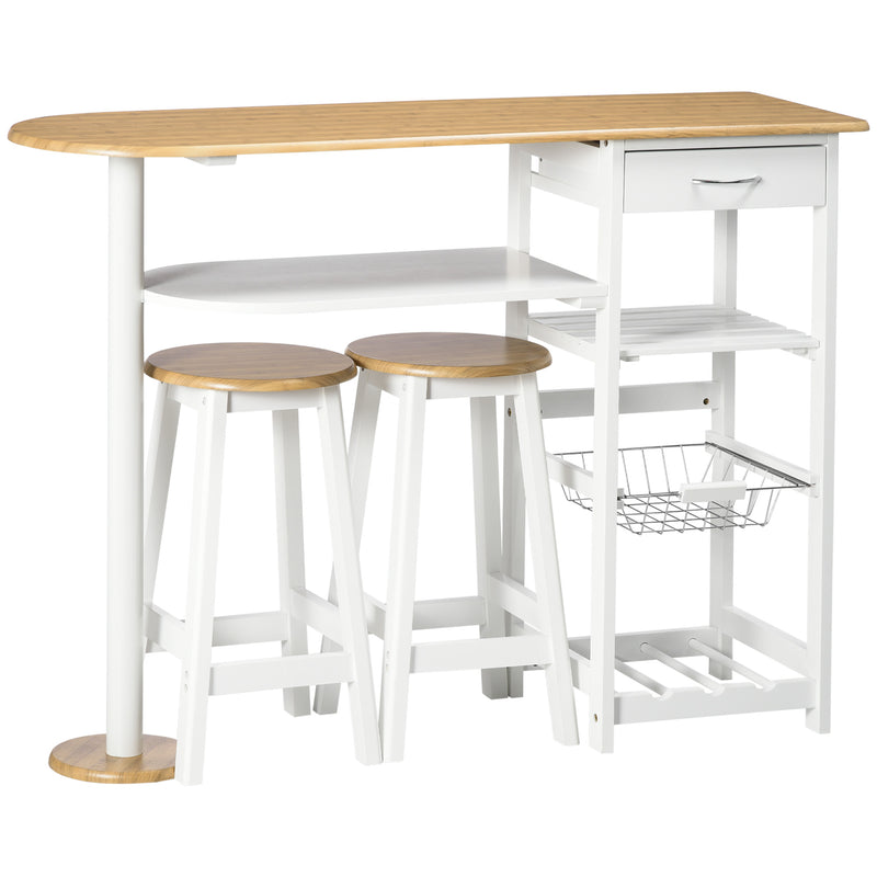 Conjunto de Mesa de Bar com 1 Gaveta 2 Prateleiras Cesta Removível e Suporte para Garrafas Mobiliário Alto com Mesa 119x38,5x88,5cm e 2 Bancos 29x29x55cm para Sala de Jantar Cozinha Branco