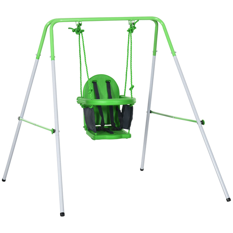 Baloiço Infantil de Aço Baloiço para Crianças de 6-36 Meses com Encosto Alto e Arnês de Segurança para Interior e Exterior Carga Máxima 25 kg 122x146x122 cm Verde