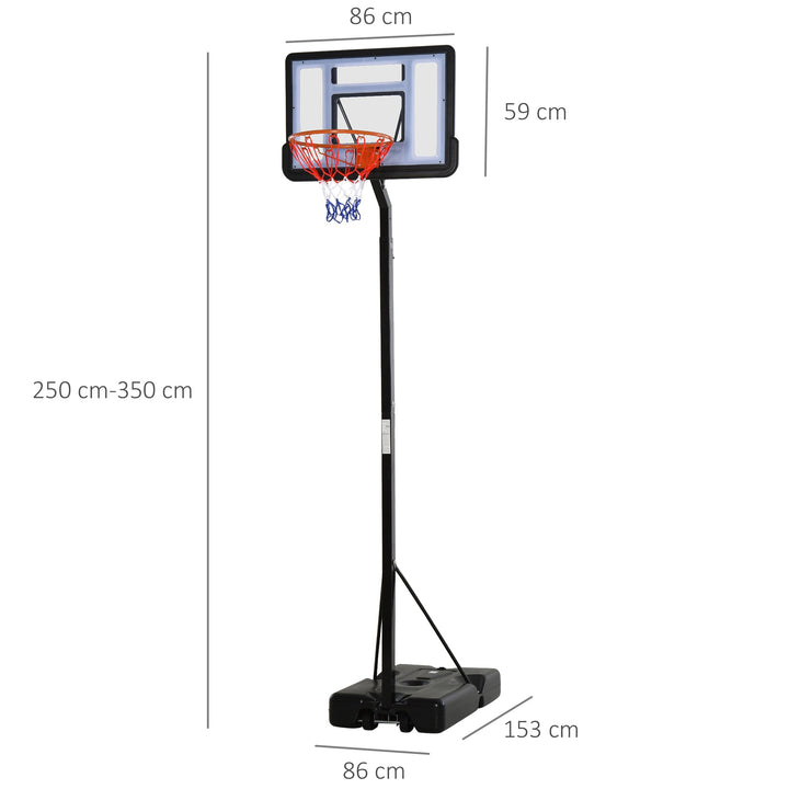 Tabela de basquetebol com suporte portátil Aro de cesta ajustável em altura base recarregável para crianças e adultos 86x153x250-350 cm Preto