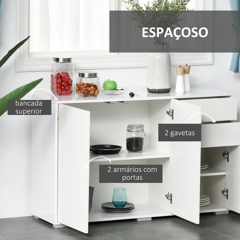 Aparador de Sala de Estar com 3 Portas 2 Gavetas e Prateleira Interior Ajustável Móvel Auxiliar de Armazenamento para Cozinha Dormitório Anti-Rolamento 117x36x74cm Branco