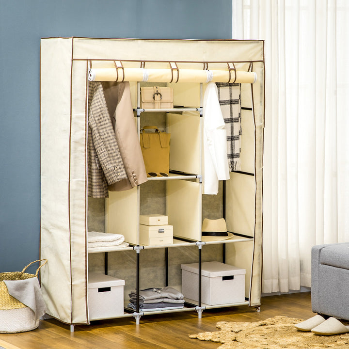 Roupeiro de Tecido Dobrável Armário Portátil com 8 Prateleiras de Armazenamento e 2 Barras de Pendurar Organizador de Roupa para Dormitório Vestidor 125x43x162,5cm Creme