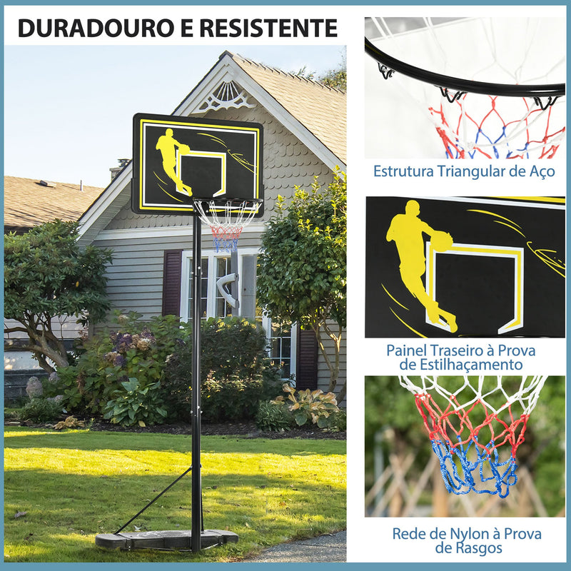 Cesta de Basquetebol com Rodas Altura Ajustável 230-305cm Cesta de Basquetebol com Suporte Tabela de PE e Base Recarregável para Exteriores 110x45x290-360cm Preto e Amarelo