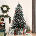 Árvore de Natal Artificial 180cm com 678 Ramas 53 Pinhas e 53 Frutinhas Folhas de PVC PE Base Dobrável e Suporte Metálico Decoração de Natal para Interiores Verde