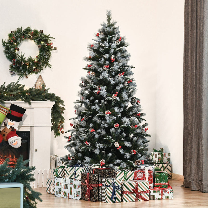 Árvore de Natal Artificial 180cm com 678 Ramas 53 Pinhas e 53 Frutinhas Folhas de PVC PE Base Dobrável e Suporte Metálico Decoração de Natal para Interiores Verde