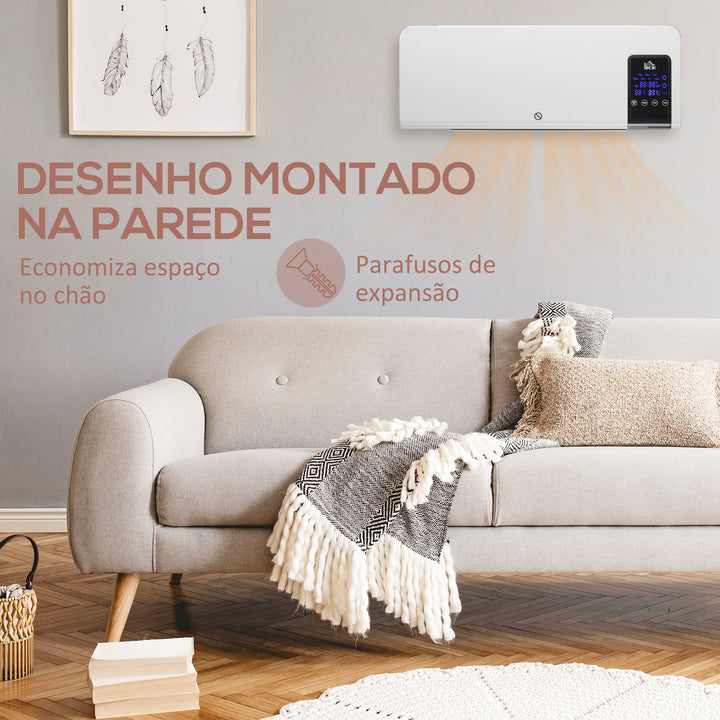 Aquecedor Elétrico de Parede 1000W/2000W Aquecedor com Ecrã LED Controlo Remoto Termostato Temporizador para Áreas de 15-20 m² 54,5x12x21,5 cm Branco