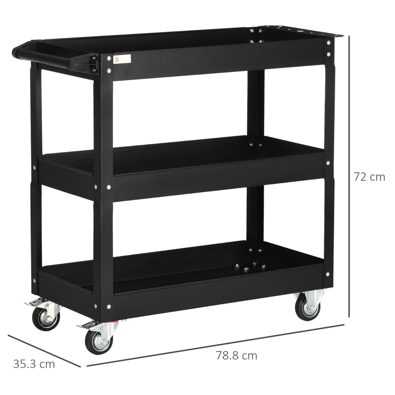 Carrinho de Ferramentas com Rodas Carro de Ferramentas de Oficina de Aço com 3 Prateleiras de Armazenamento e Alça Lateral para Garagem Oficina Carga Máxima 150kg 78,8x35,3x72cm Preto