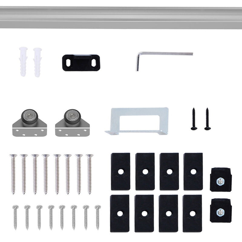 Ferragem para Porta Corredeira 186cm Kit de Acessórios para Porta Corredeira de Madeira com Trilho de Metal e 2 Roldanas Prata