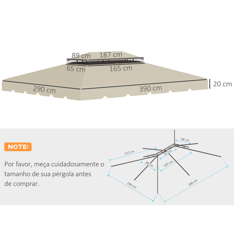 Toldo de Substituição para Pérgola 3,90x2,90m Teto de Substituição para Pérgolas Exterior com Duplo Teto e 8 Orifícios de Drenagem Bege