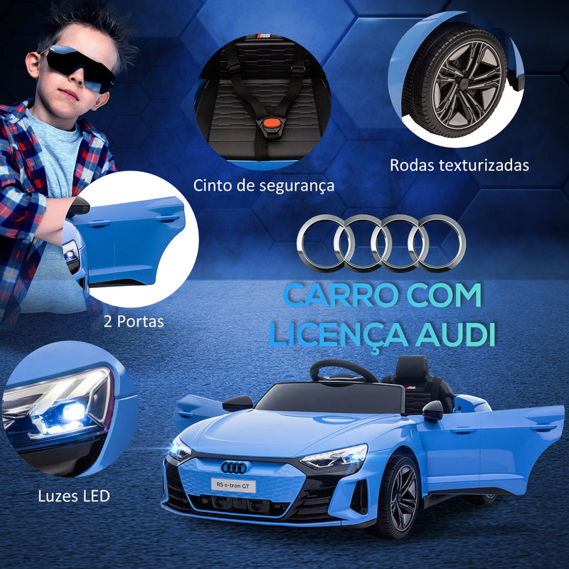 Carro Elétrico AUDI RS E-Tron GT para Crianças de 3-6 Anos Carro de Bateria 12V com 2 Motores Controlo Remoto Faróis LED Buzina Música USB e Abertura de Porta 3-5km/h 103x58x41cm Azul