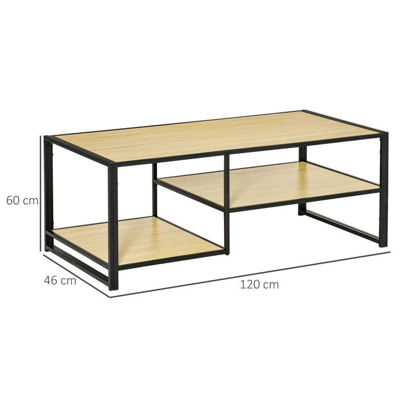 Mesa de Centro para Sala de Estar com 2 Prateleiras de Armazenamento Mesa Auxiliar com Estrutura de Aço para Dormitório Escritório 120x60x46cm Carvalho