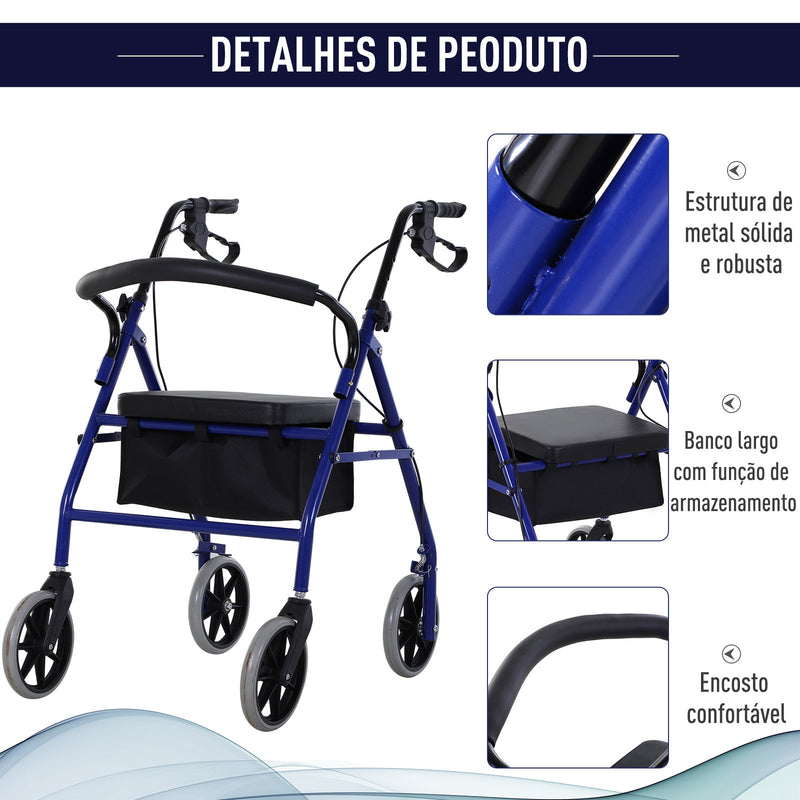 Andador adulto dobrável com freios e assento 77x55,5x84-93 cm