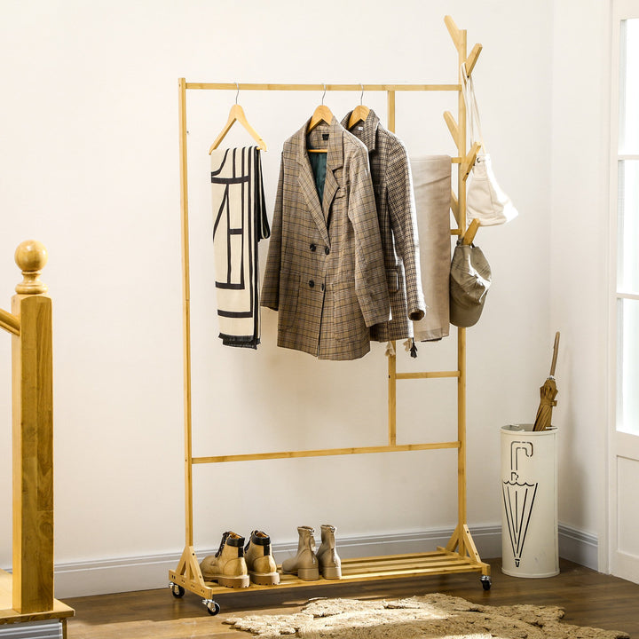 Suporte para Cabides de Bambu com Rodas Porta Cabides Multifuncional com 6 Ganchos Barra e Prateleira para Corredor Entrada Dormitório 100x37x191 cm Madeira