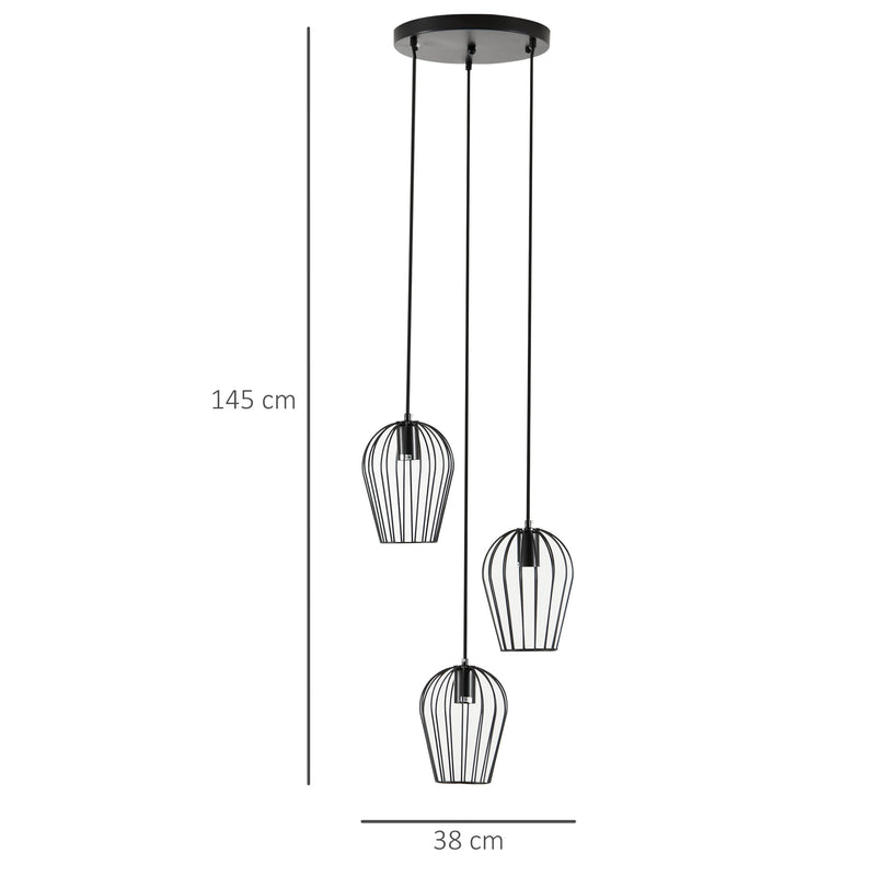 Candeeiro Suspenso Vintage Candeeiro de Teto de Estilo Industrial Candeeiro de Suspensão de Metal para Sala de Jantar Sala de Estar Ø38x145cm Preto