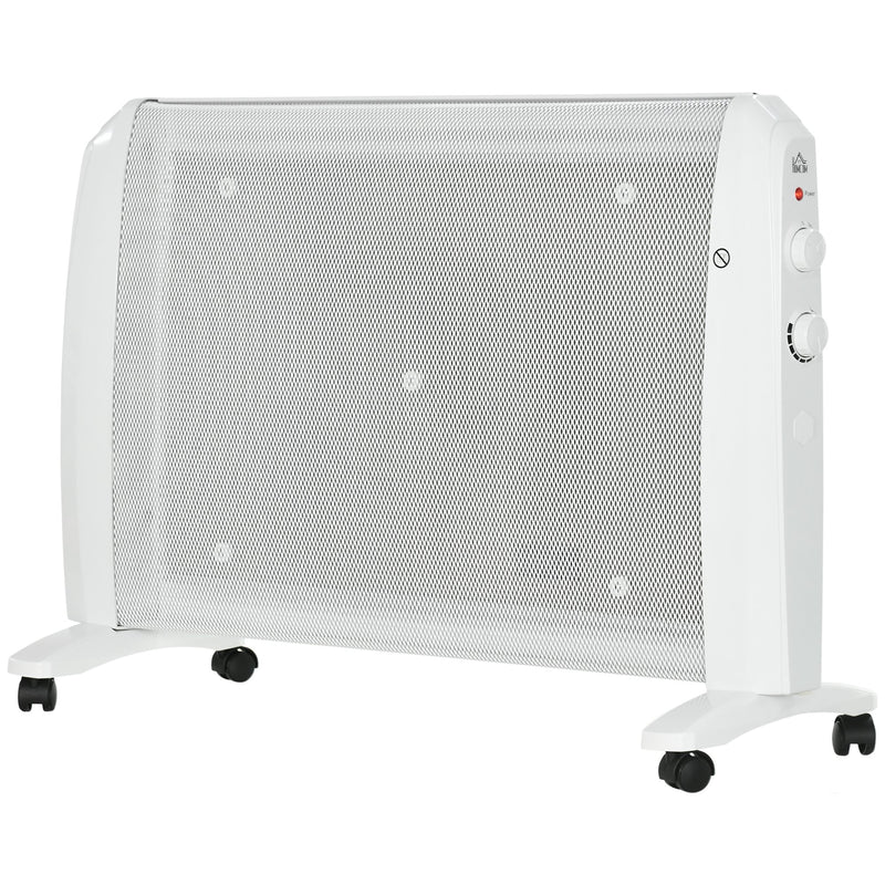 Aquecedor Elétrico 1000W/2000W Aquecedor de Mica com 2 Níveis de Potência Termostato Regulável e 4 Rodas para Ambientes de 15-20 m² Silencioso 79x27x54 cm Branco