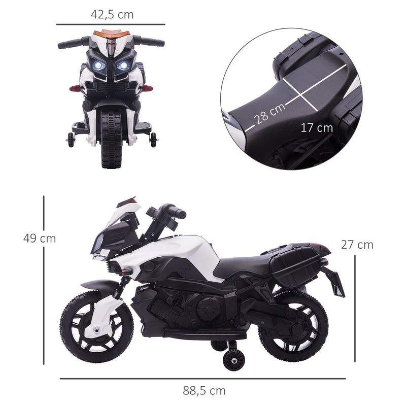 Moto Elétrica para Crianças a partir de 18 Meses 6V com Faróis Buzina 2 Rodas de Equilibrio Velocidade Máx. de 3km/h Motocicleta de Brinquedo 88,5x42,5x49cm Branco