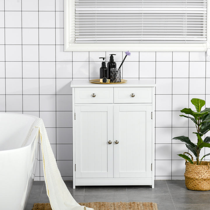Armário Auxiliar Casa de Banho Móvel Auxiliar de Casa de Banho com 2 Gavetas 2 Portas e Prateleira Ajustável Estilo Moderno para Duche Dormitório 60x30x75cm Branco