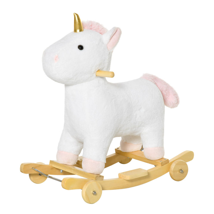 Baloiço Infantil em Forma de Unicornio para Crianças acima de 3 Anos Baloiço 2 em 1 com Rodas e Sons 45kg 63x38x63cm Branco