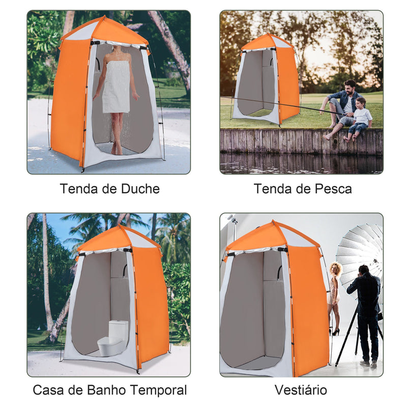 Tenda de Duche Campismo Portátil UV+25 Tenda de Privacidade para Casa de Banho Trocador com Janela Bolso e Bolsa de Transporte 123x121x98cm Laranja