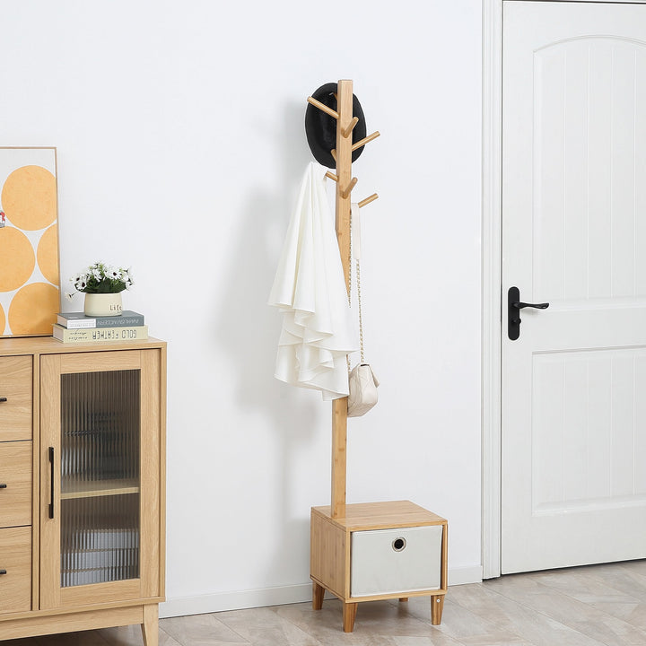 Cabide de Pé de Bambu com Banco Gaveta de Tecido e 8 Ganchos para Pendurar Roupa Bolsas Casacos para Entrada Sala de Estar Corredor 35x35x177cm Natural