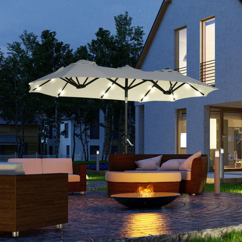 Chapéu de Sol Duplo com Luzes LED 280x146x227cm Chapéu de Sol de Jardim com Inclinação de 45° Manivela Estrutura de Aço para Pátio Varanda Piscina Bege