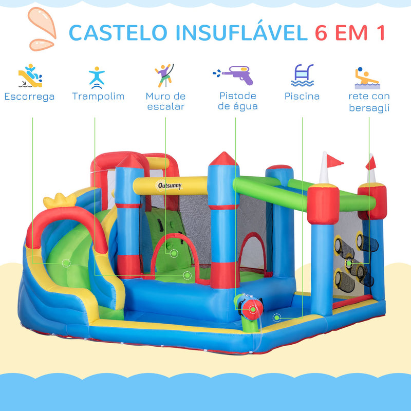 Castelo Insuflável Infantil com Escorrega Castelo Insuflável para Crianças de 3-8 Anos com Trampolim Piscina Insuflador e Bolsa de Transporte 390x300x197cm Multicolorido