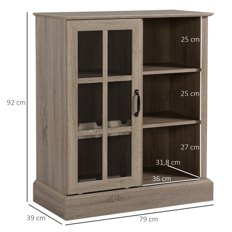 Aparador de Cozinha Moderno com Porta de Vidro Suporte para 6 Taças e Suporte para até 6 Garrafas Móvel Auxiliar de Armazenamento para Sala de Jantar Sala de Estar 79x39x92cm Marrom