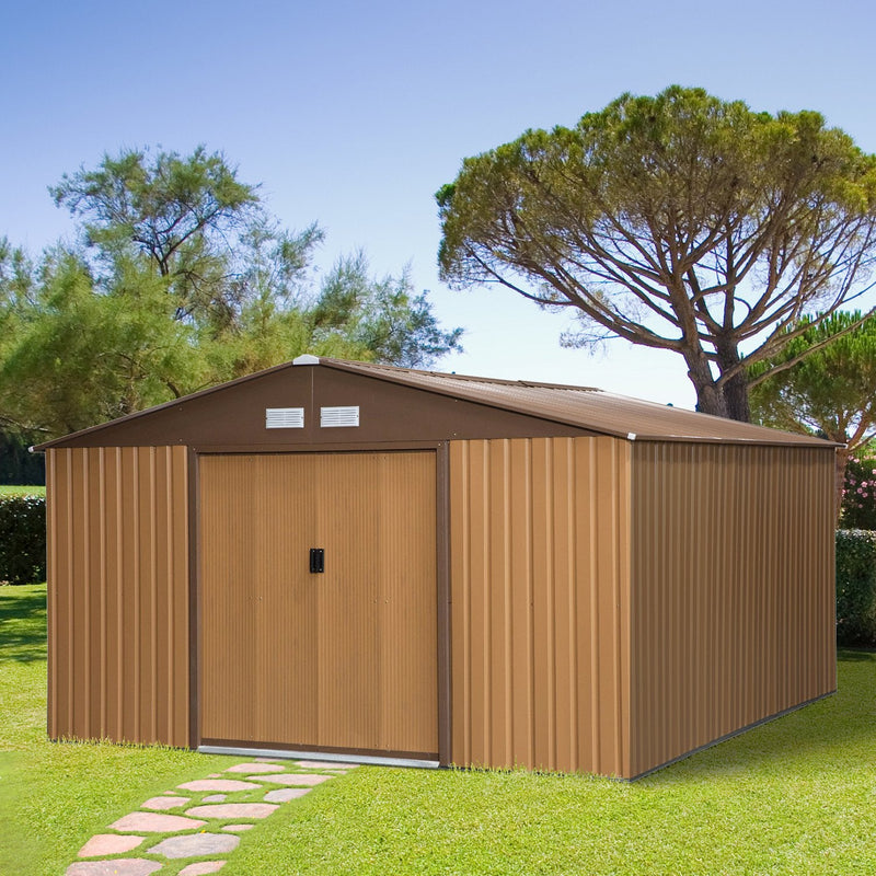 Abrigo de Jardim Metálico 340x386x200cm Abrigo de Exterior para Armazenamento de Ferramentas com Base Incluida 4 Janelas de Ventilação e Porta Corredeira Marrom