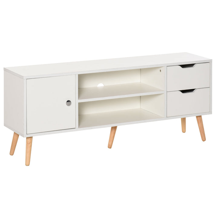 Armário de TV Grande armazenamento com armário prateleiras e gavetas abertas Carga 30 kg 120x28x44 cm Branco