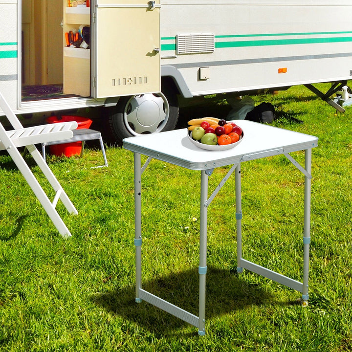 Mesa de Campismo Dobrável e Ajustável de 47,5 a 64 cm- Cor: Branco- Alumínio e MDF- 60 x 45 x 64 cm