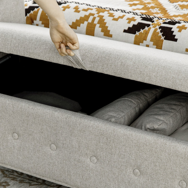 Banco de Pé de Cama Banco de Armazenamento de Linho com Dobradiças na Tampa Pés de Madeira e Apoio para os Braços para Dormitórios Sala de Estar Corredor Carga 150kg 146,5x49x74,5cm Cinza Claro