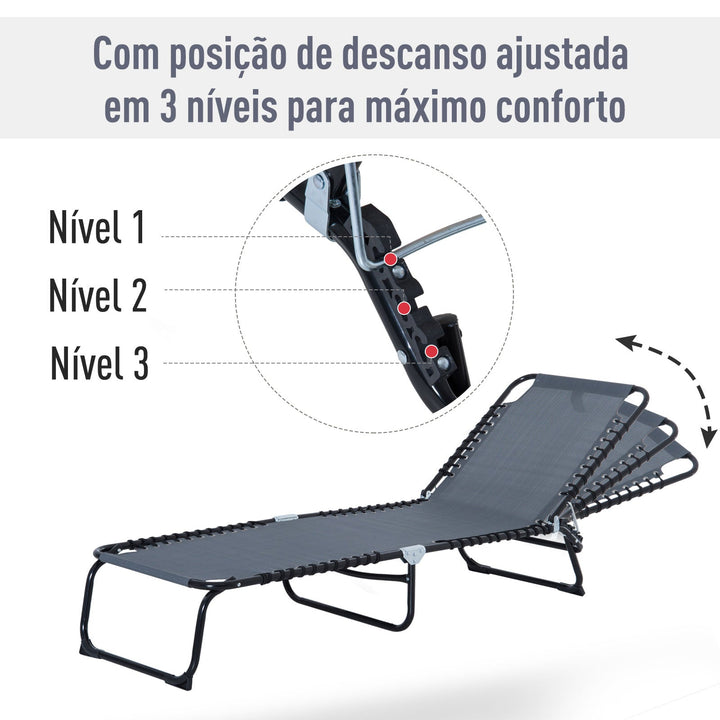 Espreguiçadeira dobrável reclinável e ajustável 3 posições para jardim com sistema de laço Estrutura de Aço 197x58x76 cm cinza