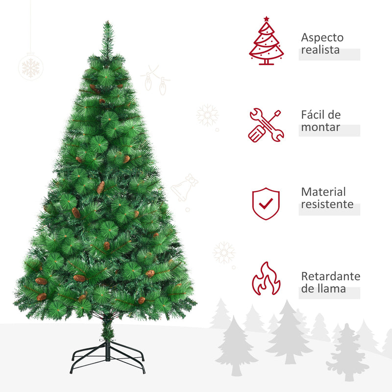 Árvore de Natal Artificial 180cm com 782 Ramos 56 Pinhas Folhas de PVC Base Dobrável e Suporte Metálico Decoração de Natal para Interiores Verde