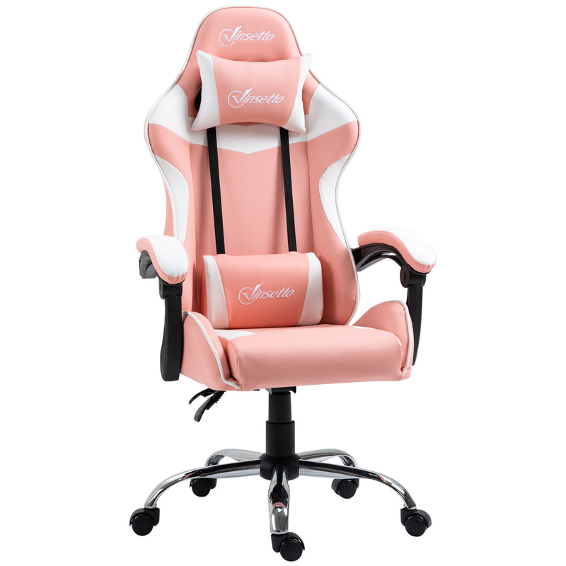 Vinsetto Cadeira Gaming Ergonômica Cadeira para Videojogos Reclinável com Altura Ajustável Apoio para a Cabeça e Almofada Lombar 63x67x122-130cm Rosa e Branco