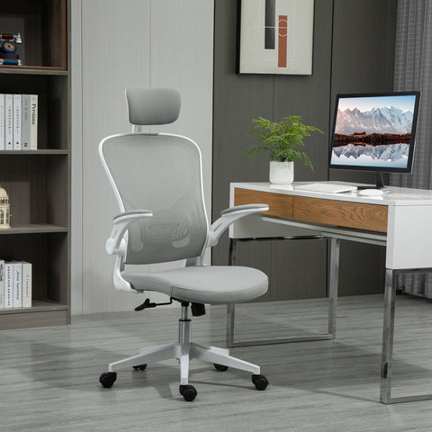 Cadeira de Escritório de Malha Ergonómica Cadeira de Escritório com Altura Ajustável Apoio para os Braços Dobrável Apoio para a Cabeça e Suporte Lombar Ajustáveis 65x64x114-122cm Cinza