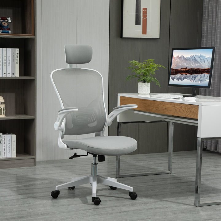 Cadeira de Escritório de Malha Ergonómica Cadeira de Escritório com Altura Ajustável Apoio para os Braços Dobrável Apoio para a Cabeça e Suporte Lombar Ajustáveis 65x64x114-122cm Cinza