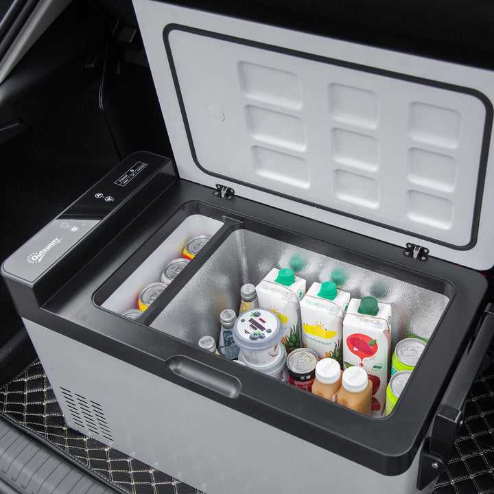 Frigorífico Elétrico de Compressor Portátil 40L Mini Refrigerador de Carro 12/24V CC com Tela Tátil e Alças Dobráveis para Barco Caminhão 67,2x36x40,5cm Cinza e Preto