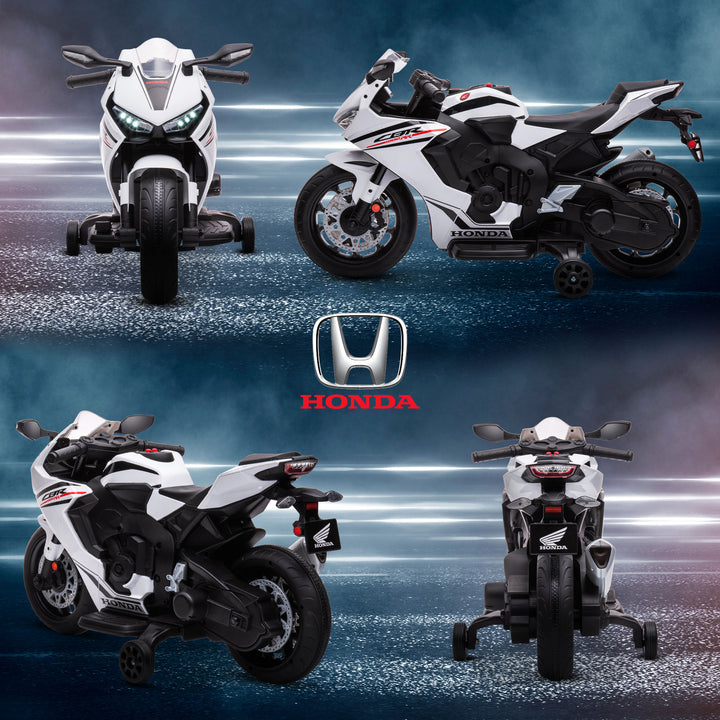 Mota Elétrica com Licença HONDA para Crianças de 3-5 Anos Mota a Bateria 6V com Farol Buzina Música e Rodas Auxiliares Removíveis Carga Máxima 30kg 90x44x52cm Branco