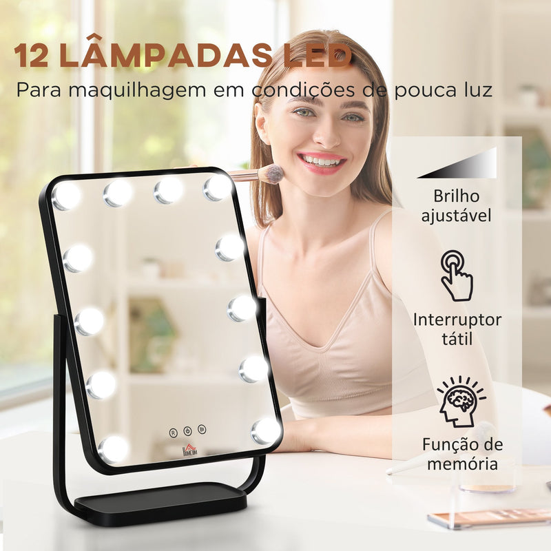 Espelho de Maquilhagem Espelho de Mesa com 12 Luzes LED 3 Temperaturas de Cores Ecrã Tátil Ajustável e Função de Memória para Dormitório Casa de Banho 32,8x11x47,4cm Preto