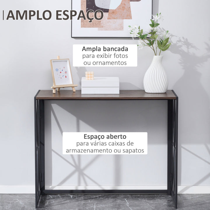 Consola Mesa de Entrada Estilo Industrial com Estrutura em Metal Dobrável e Bancada de MDF para Sala de Estar Entrada Corredor 100x38x80cm Marrom e Preto