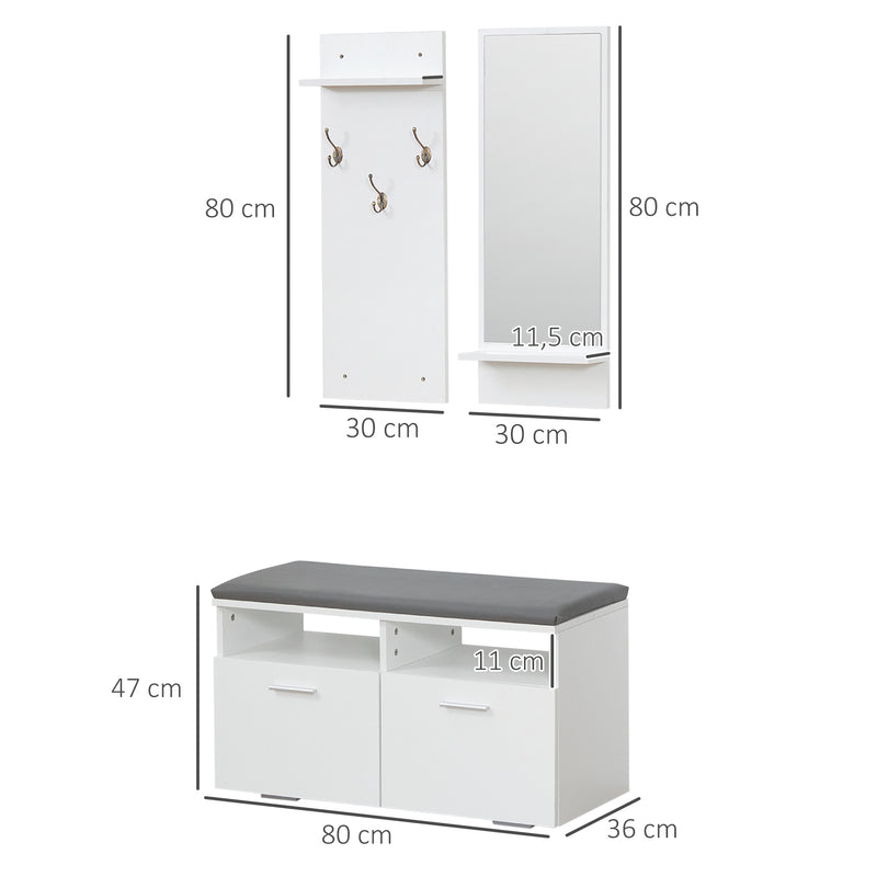 Móvel Cabide de Entrada com Espelho Ganchos e Sapateira Móvel de Entrada com 2 Portas 3 Ganchos e Prateleiras para 8 Pares de Sapatos para Corredor 80x36x47 cm 30x11,5x80 cm Branco