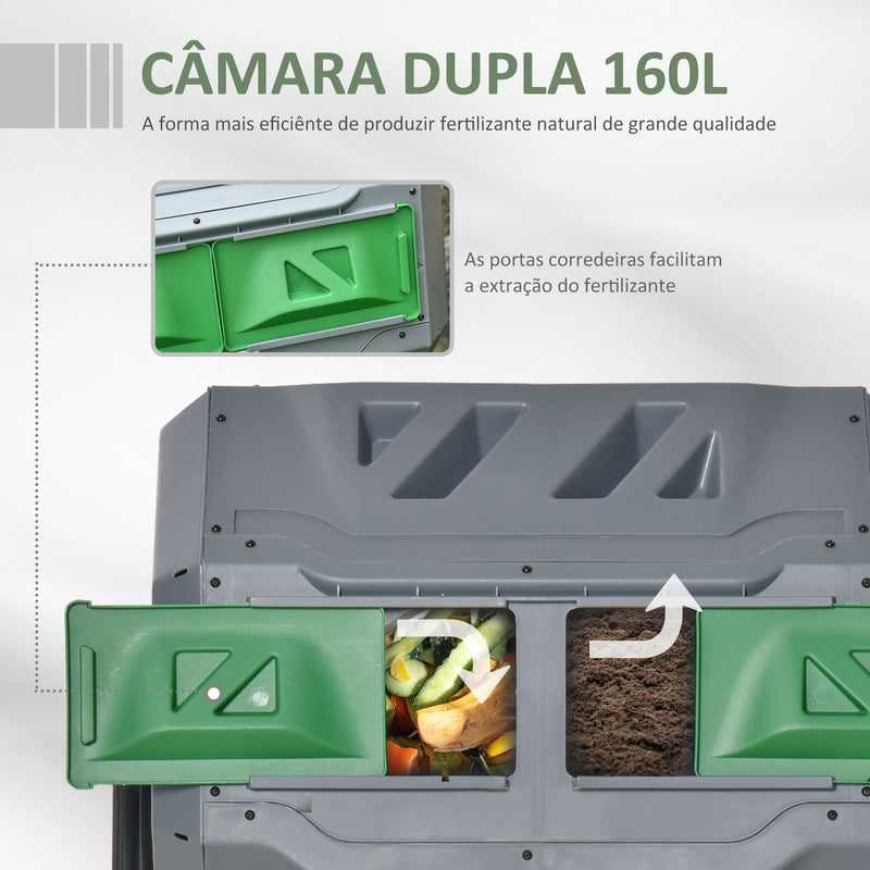 Compostor de Tambor Giratório com Capacidade 160L de Dupla Câmera e Ventilação Estrutura de Aço para Resíduos Orgânicos de Jardim 71x65x96 cm Cinza e Verde