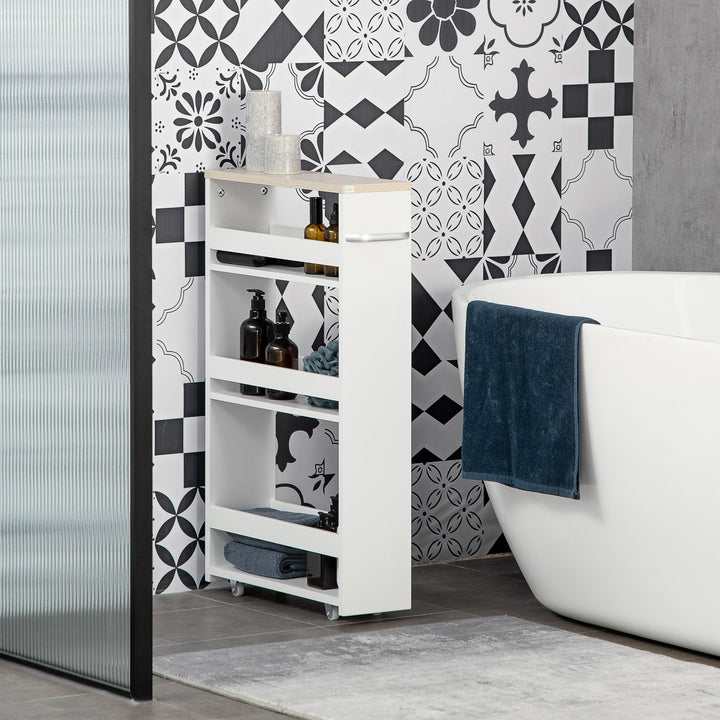 Estante de Armazenamento para Casa de Banho de 3 Níveis Estante Estreita com Alça Lateral Estante com Rodas para Cozinha Sala de Estar Estilo Moderno 48x15x80cm Branco