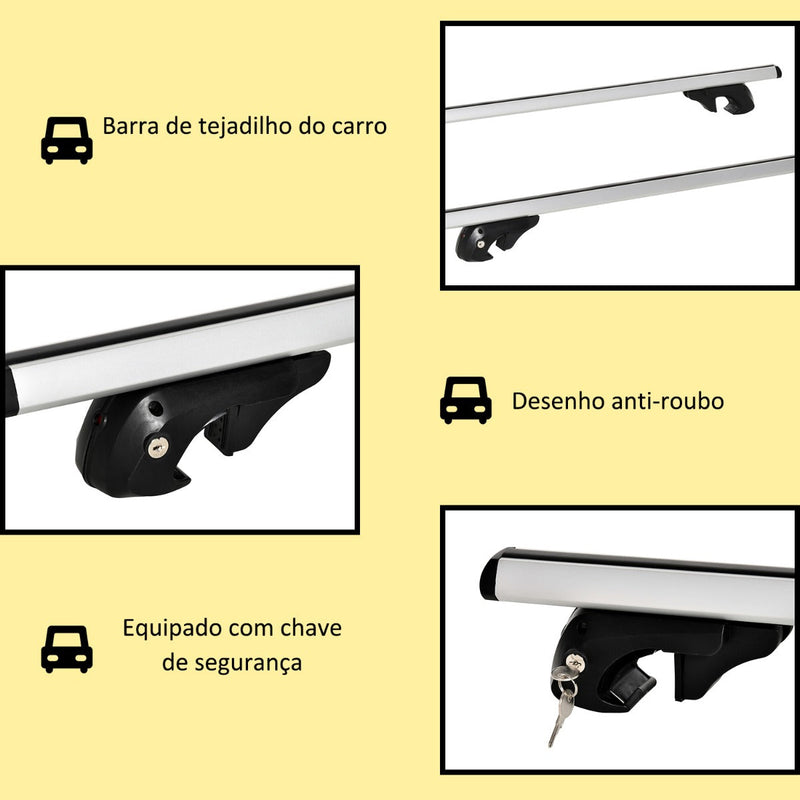 Barras de Tejadilho Universal para Carros Carris de Tejadilho com 135cm Trilho de Alumínio e Chave Carga 75kg Prata