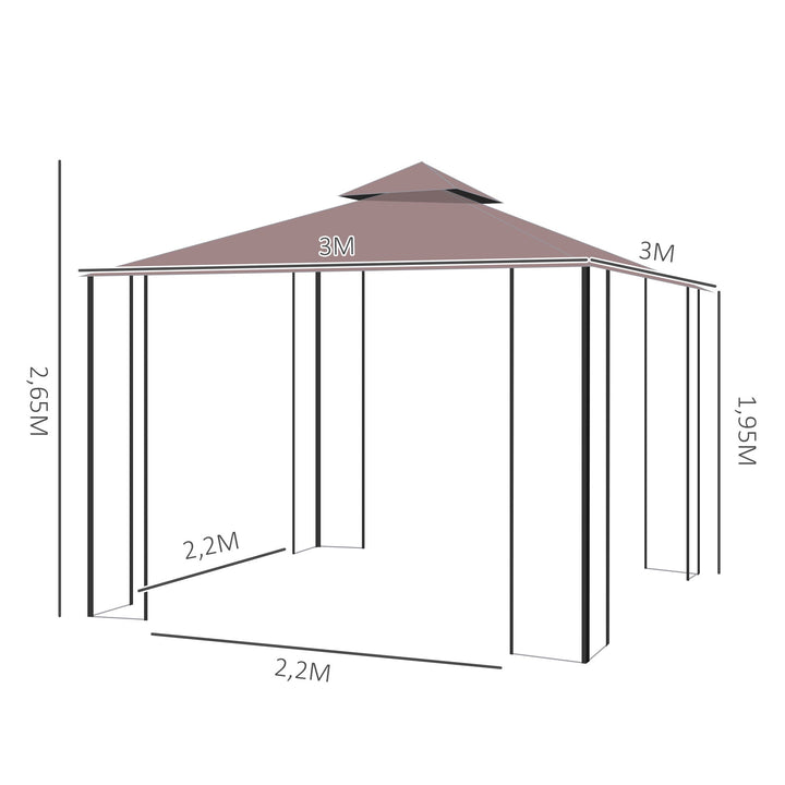 Pérgola de Jardim 3x3m Pérgola para Exterior com Duplo Teto de Ventilação 4 Telas Mosquiteiras Laterais Removíveis e Estrutura de Aço com Proteção Solar para Festas Eventos Café