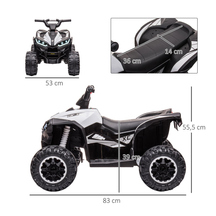 Quadriciclo Elétrico para Crianças de 3-5 Anos Veículo Eléctrico a Bateria 12V com 2 Motores Farol Música Velocidade Ajustável Avançar e Retroceder 83x53x55,5cm Branco