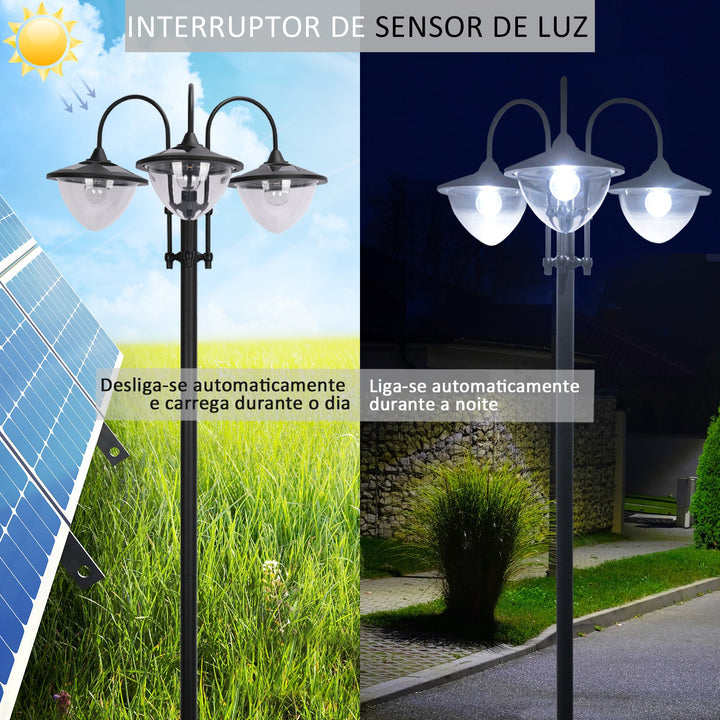 Candeeiro Solar de Jardim com 18 Luzes LED Branco Frio 6000K Impermeável IP44 Sensor de Noite e Base em Forma de Floreira Candeeiro de Exterior para Terraço Pátio 60x55x189cm Preto