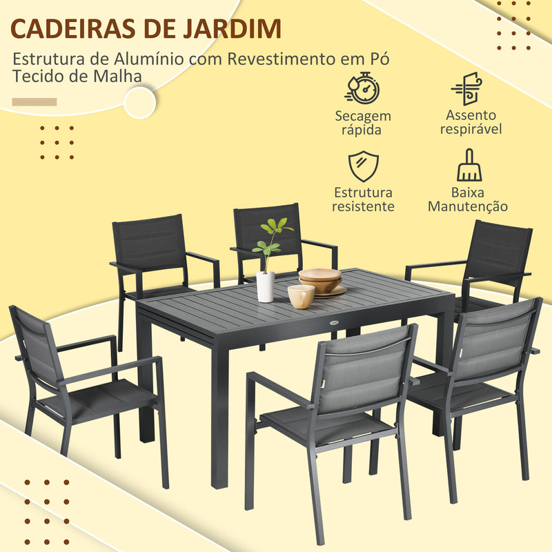 Conjunto Móveis de Jardim 9 Peças Conjunto de Refeição para Varanda com Mesa Extensível 8 Cadeiras Empilháveis Estrutura de Alumínio e Assento de Textilene 135-270x89x74cm Cinza