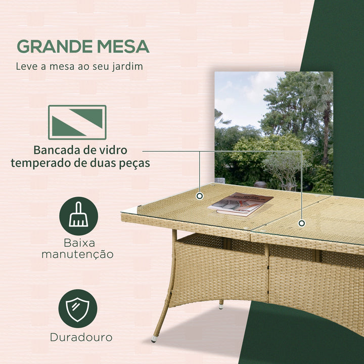 Conjunto de Móveis de Vime PE Conjunto de Refeição 7 Peças Mesa com Tampa de Vidro e 6 Cadeiras Empilháveis com Almofadas para Varanda Pátio Areia e Bege