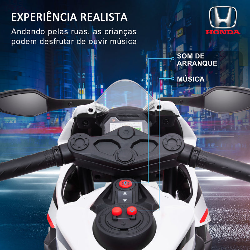 Mota Elétrica com Licença HONDA para Crianças de 3-5 Anos Mota a Bateria 6V com Farol Buzina Música e Rodas Auxiliares Removíveis Carga Máxima 30kg 90x44x52cm Branco