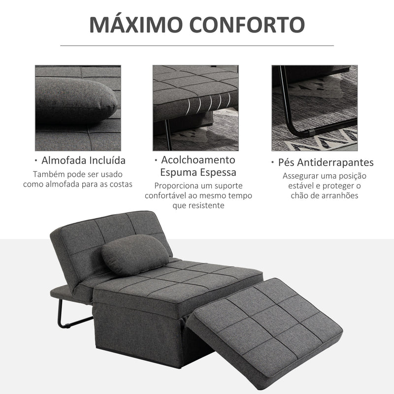 Sofá Cama Individual 3 em 1 Estofado em Linho Sofá Reclinável em 5 Posições com Apoio para os Pés e Apoio para a Cabeça para Sala de Estar Carga Máxima 200kg 95x189x43cm Cinza